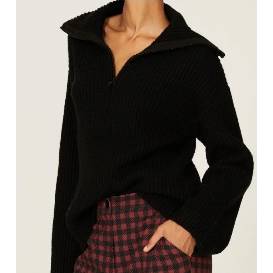 Sweet Baby Jamie Black Ribbed Quarter Zip Sweater Distressed Hem Medium